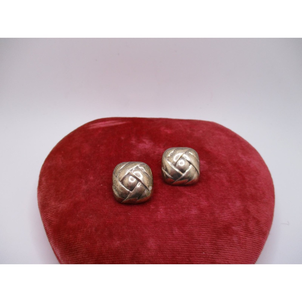 Vintage Sterling ND Puff Square Quilted Look Domed Hollow Pierced Earrings
